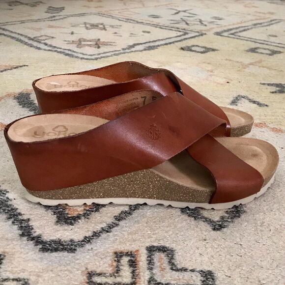 Yokono Brown Genuine Leather Open Toe Wedge Slide On Platform Sandals - 7 1/2 - Picture 1 of 6